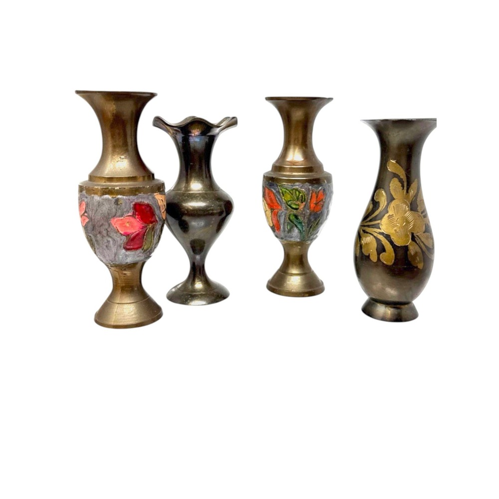 Vintage Brass Bud Vases 4" Unisex Gold Good Floral Etched India Set of 4